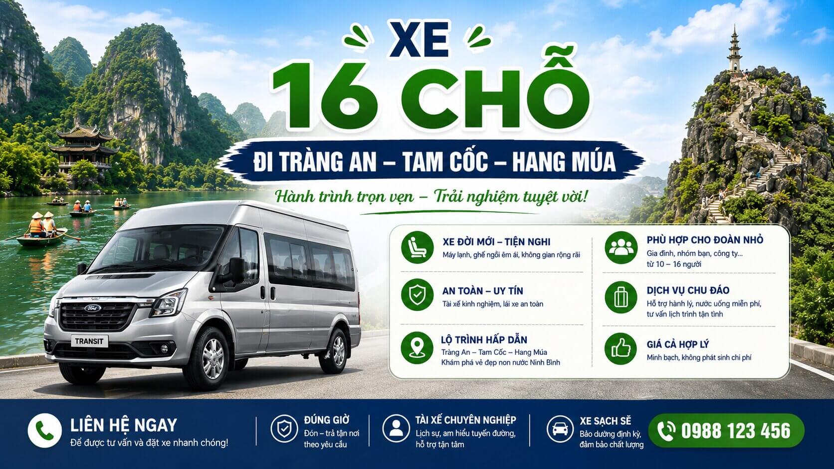 Xe 16 chỗ đi Tràng An Tam Cốc Hang Múa đoàn nhóm