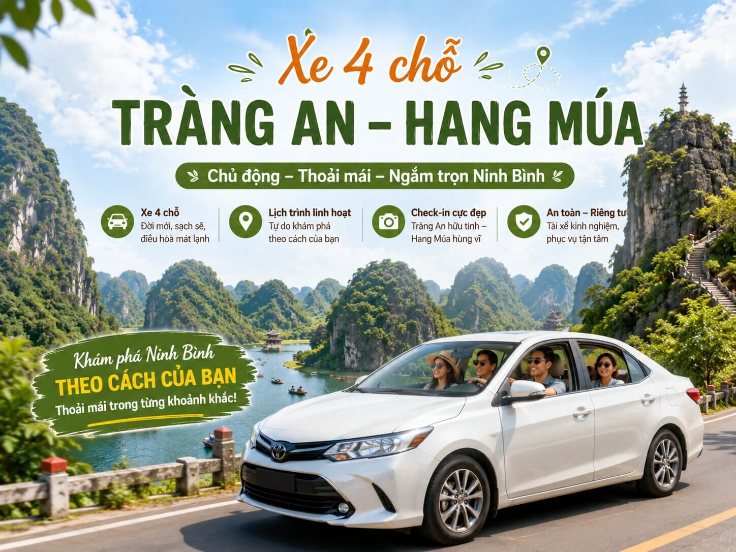 Xe 4 chỗ đi Tràng An Hang Múa Ninh Bình