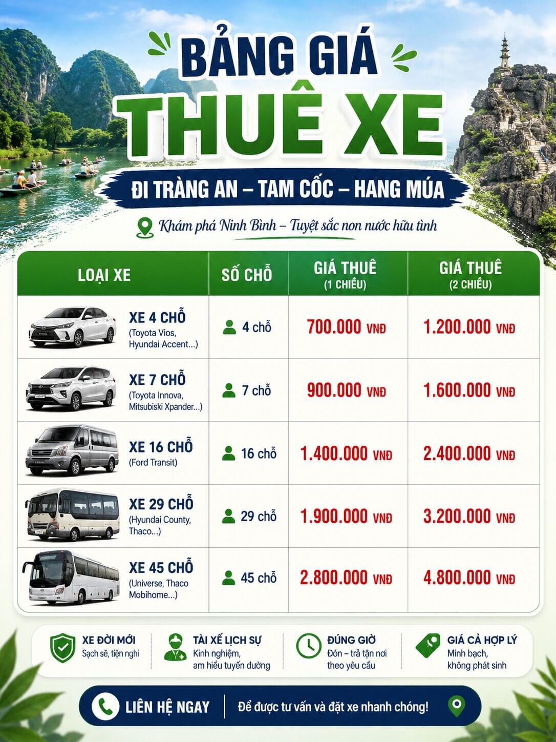 Bảng giá thuê xe đi Tràng An Tam Cốc Hang Múa Ninh Bình